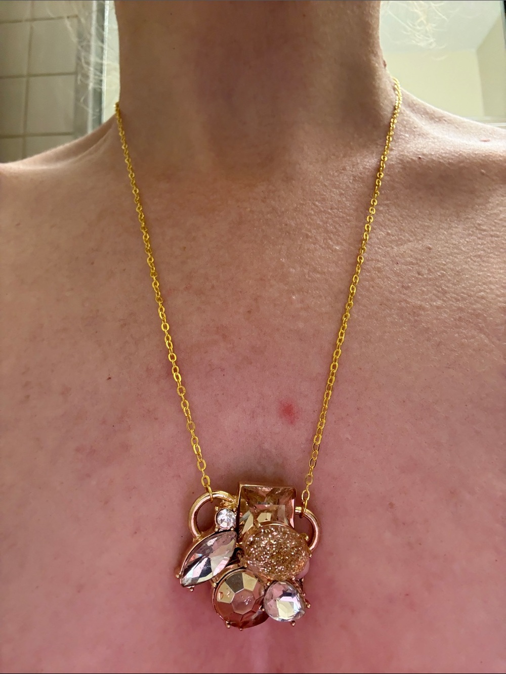 Hand-Crafted Gold-Tone Crystal Cluster Pendant Necklace - Pink/Gold
